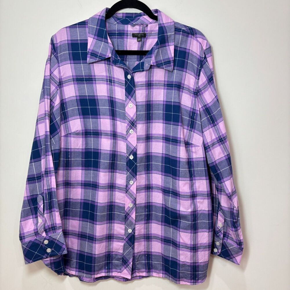 Talbots 2X Purple Pink Plaid Button Up Collared Shirt Cotton Lightweight Spring